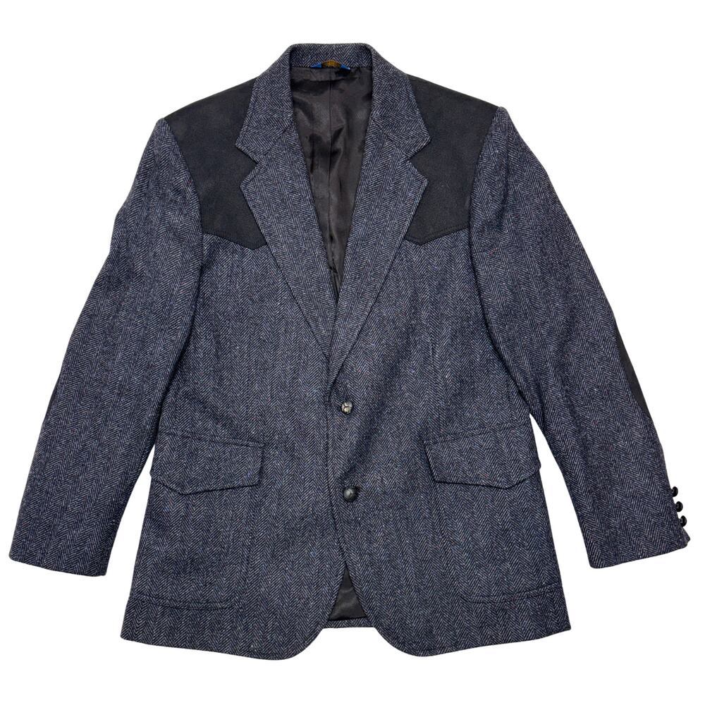 Pendleton Wool Blazer Men 42 Gray Herringbone Suede Yoke Western USA Sports Coat